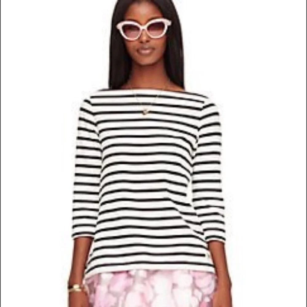 Kate Spade Stripe Brooke Street Ruffle Blue & Cream Pima Cotton Top Large